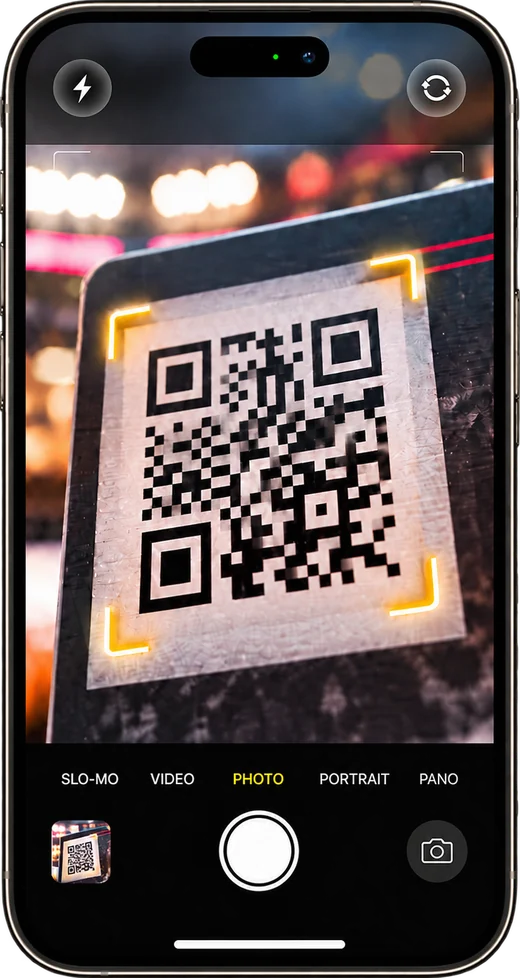 A phone scanning a merch QR code