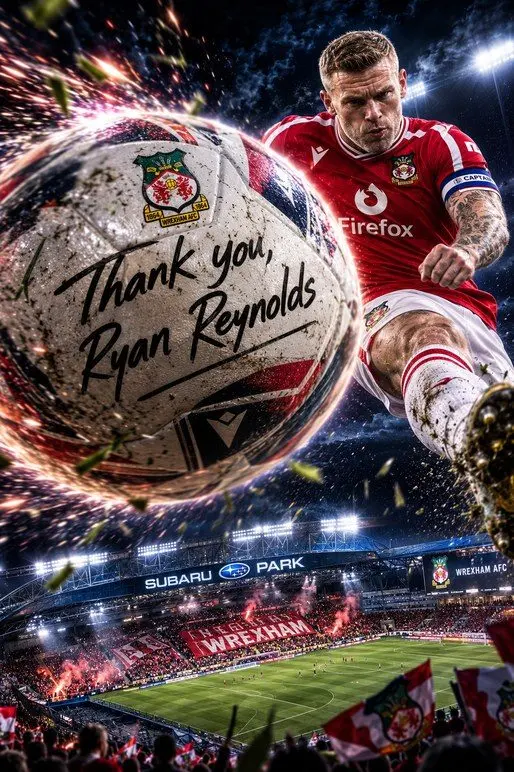 A Wrexham AFC poster with a personal thank-you message on the ball