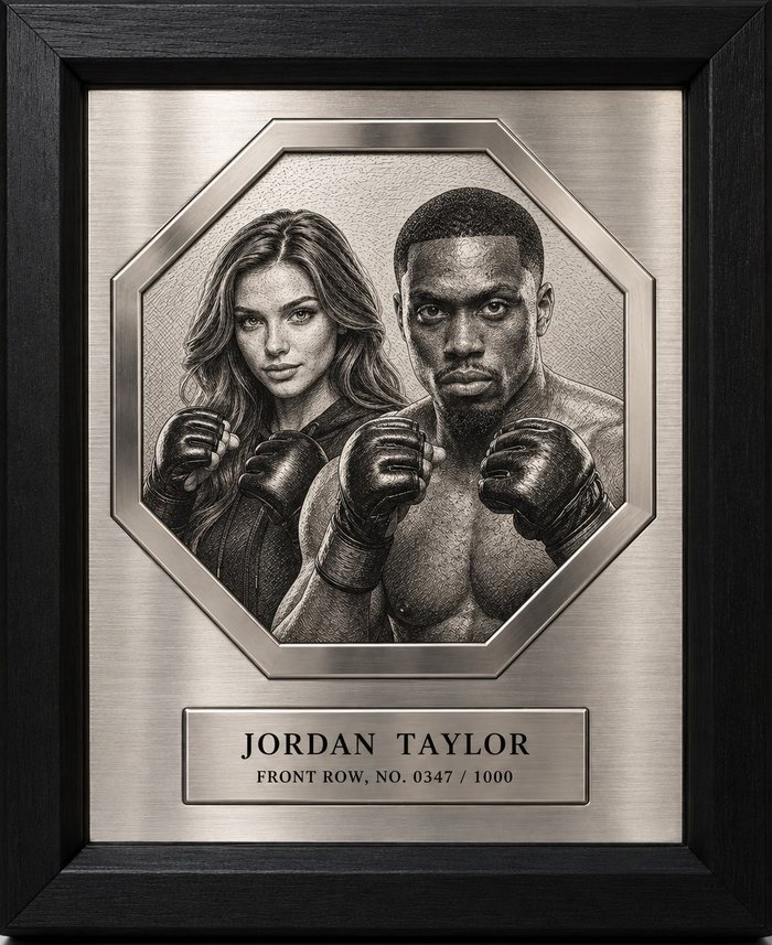 A fan and a UFC fighter on a framed platinum plaque, numbered 0347 of 1000