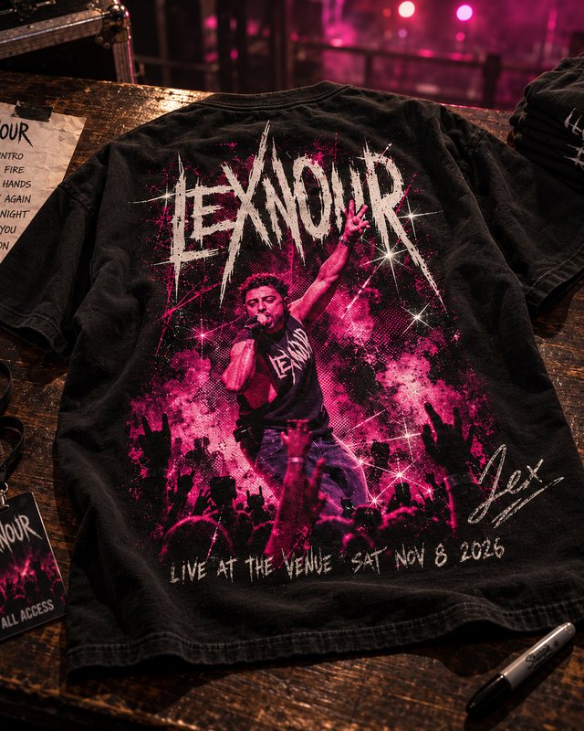 A black tour tee with the show date and a signature printed on the back