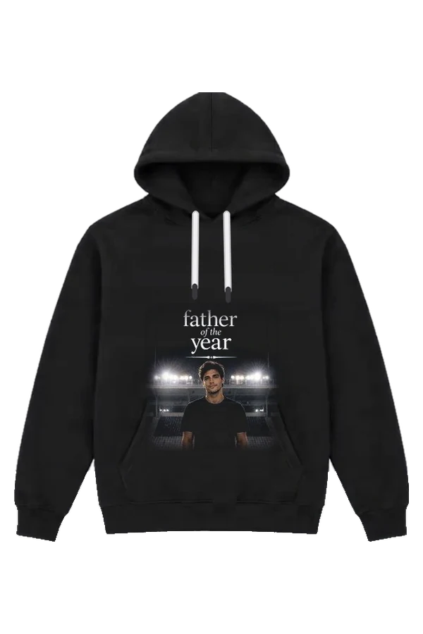 A black hoodie printed with a father of the year design